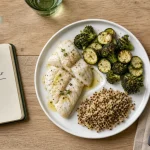Assiette minceur pour maigrir repas soir : poisson, légumes et quinoa