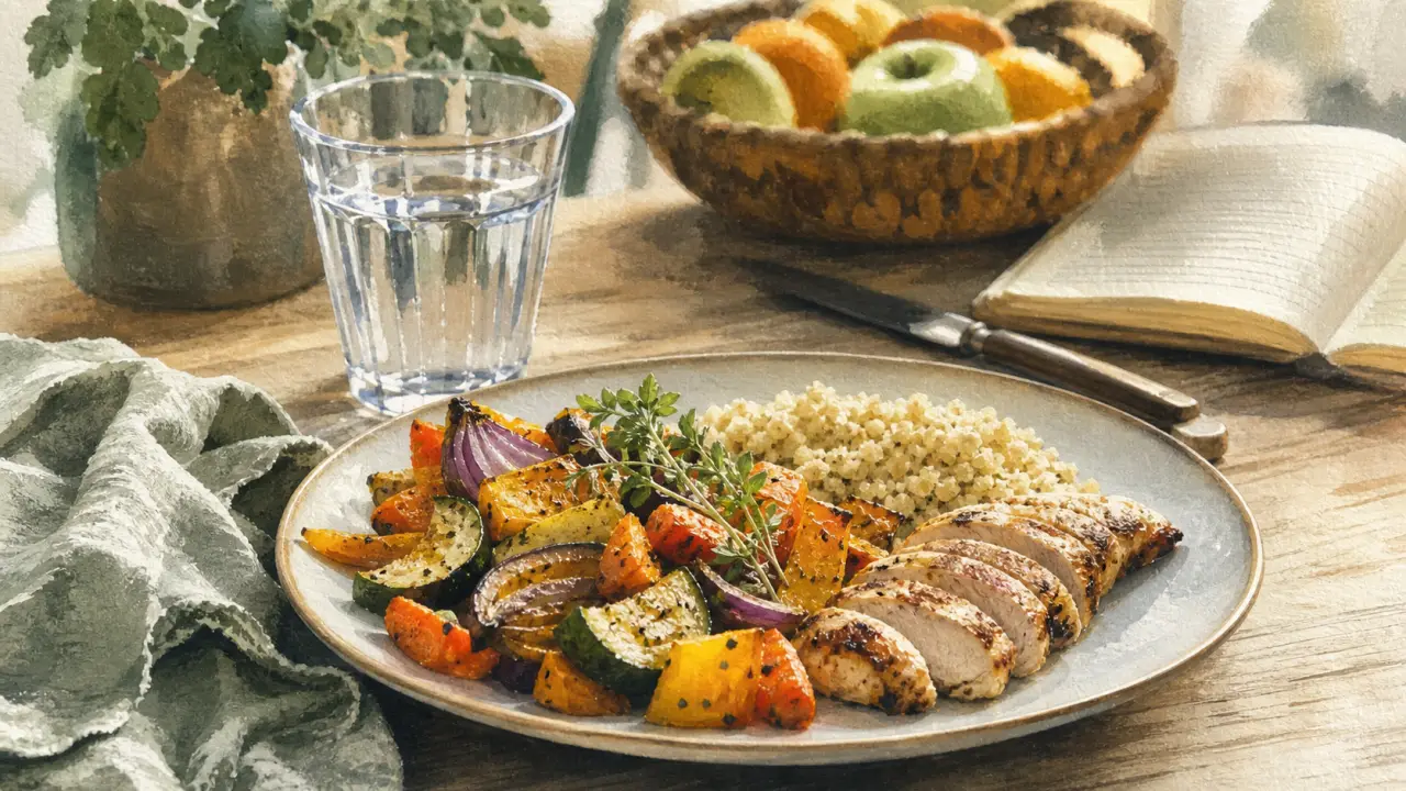 Manger équilibré sans se priver : assiette 80/20, légumes et poulet