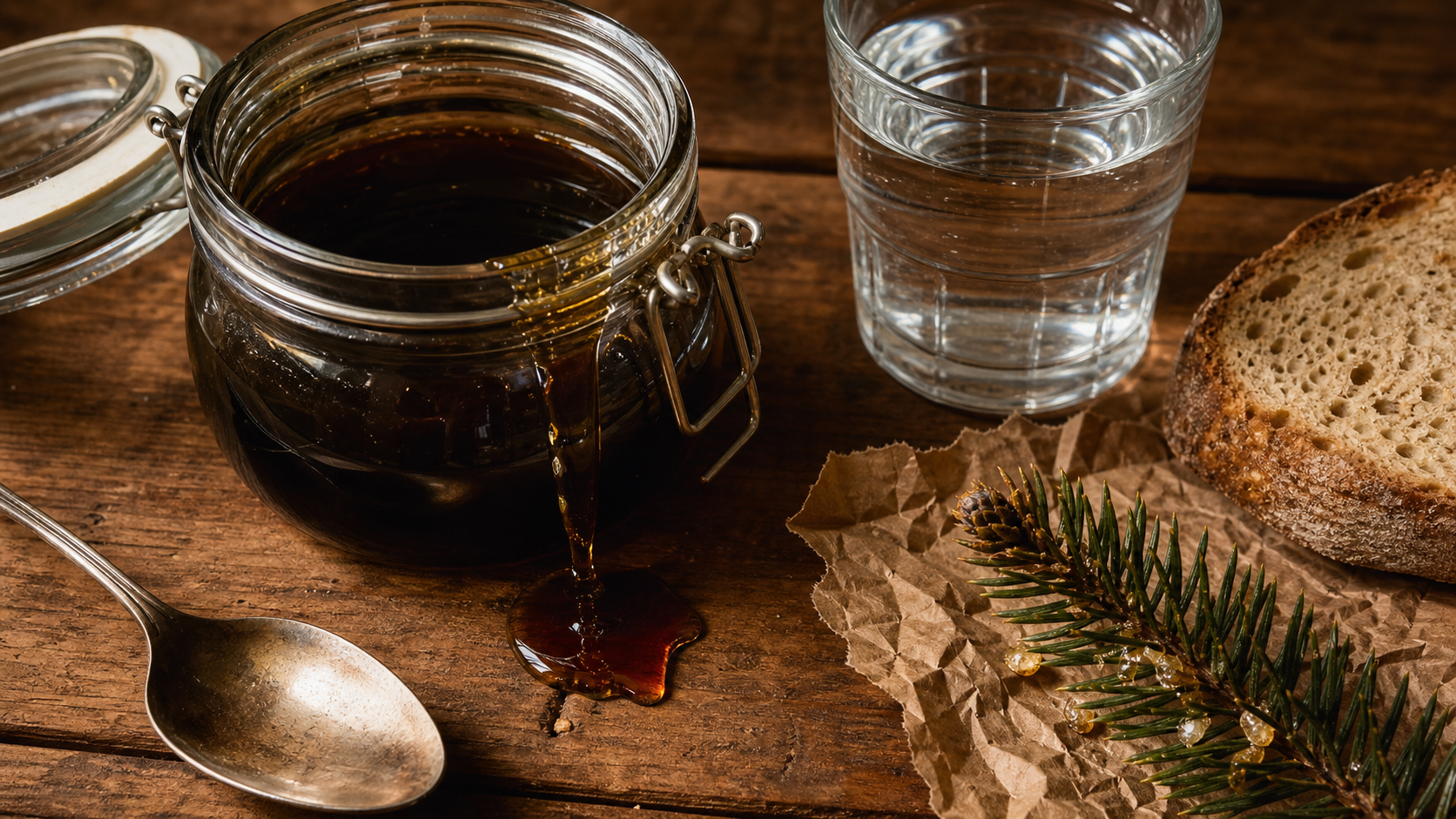 Miel de sapin bienfaits, filet sombre de miellat sur table en bois avec résine de sapin