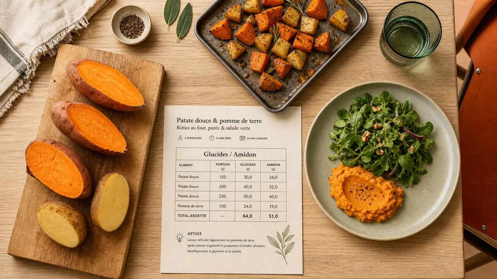 Patate douce legume ou feculent avec pomme de terre, rôtie et purée