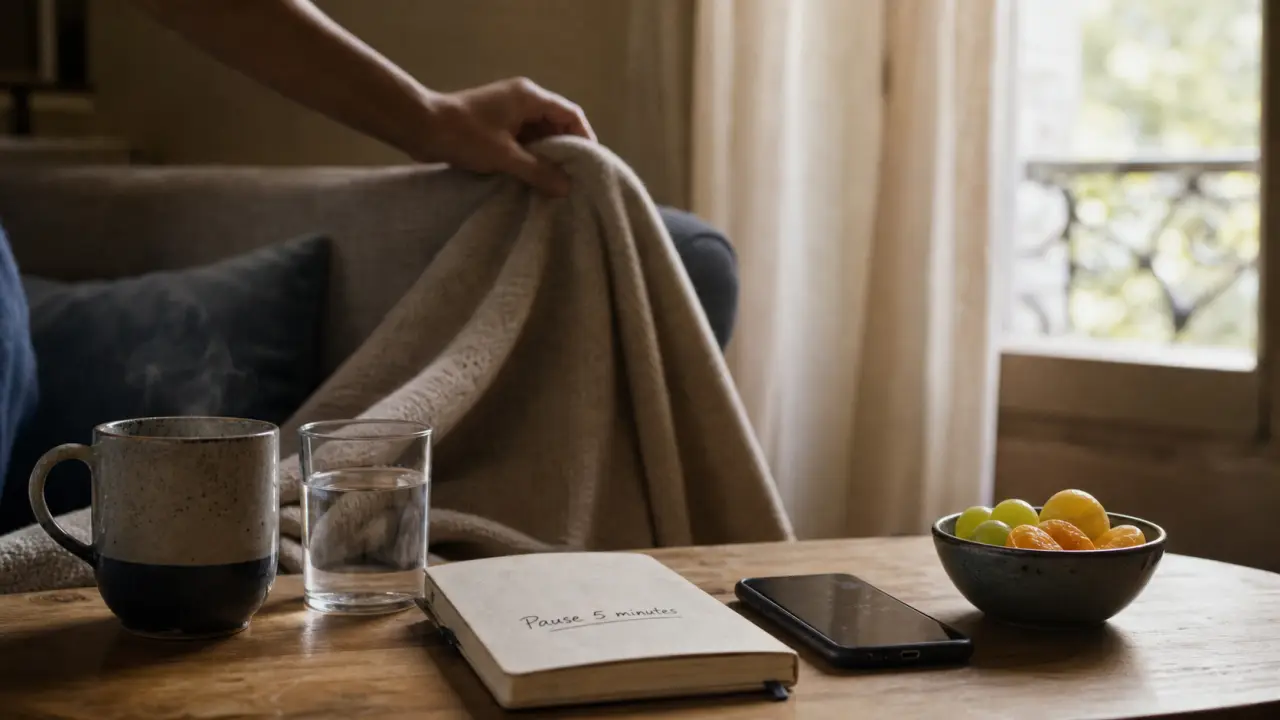 Prendre soin de soi simplement : pause 5 minutes, carnet et tasse fumante