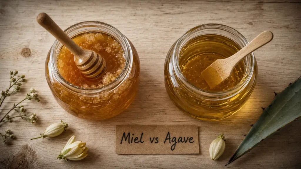 Sirop d agave ou miel : miel et sirop d agave en bocaux