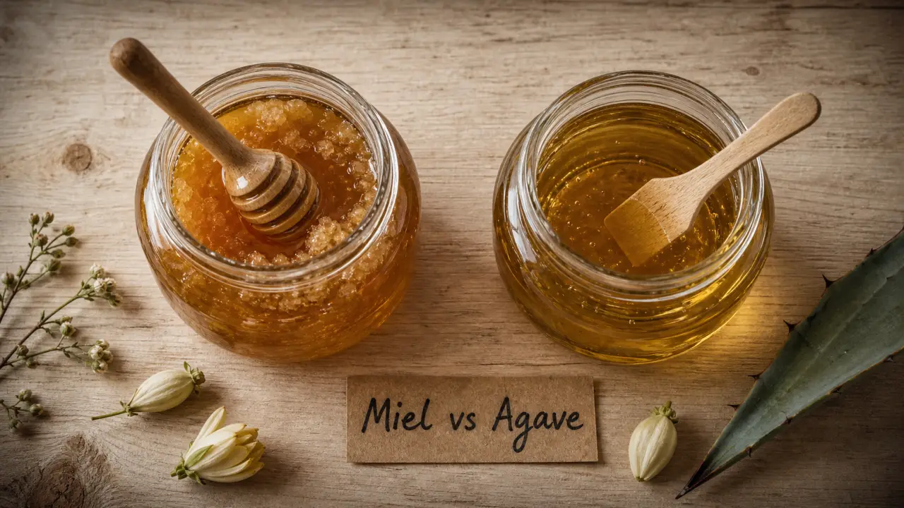 Sirop d agave ou miel : miel et sirop d agave en bocaux