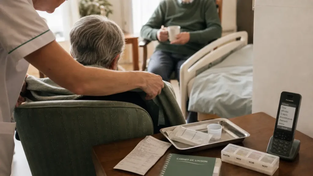 Soin palliatif domicile : infirmier ajuste une couverture pour un patient
