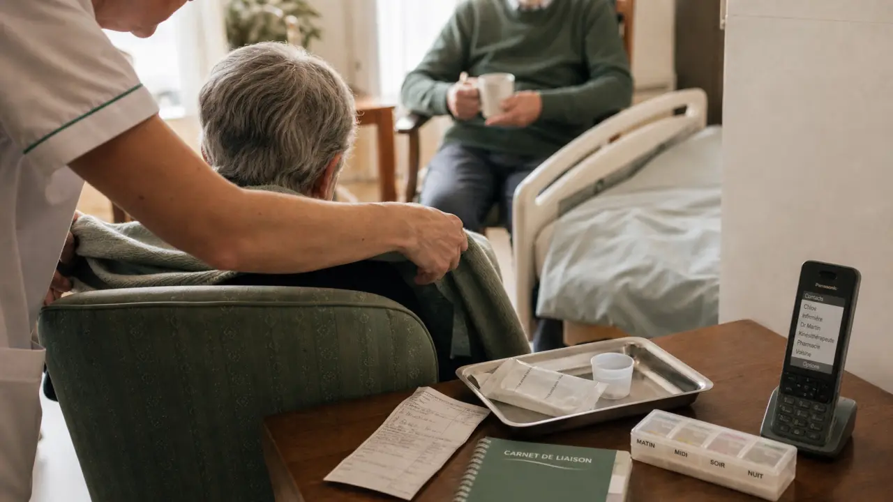 Soin palliatif domicile : infirmier ajuste une couverture pour un patient