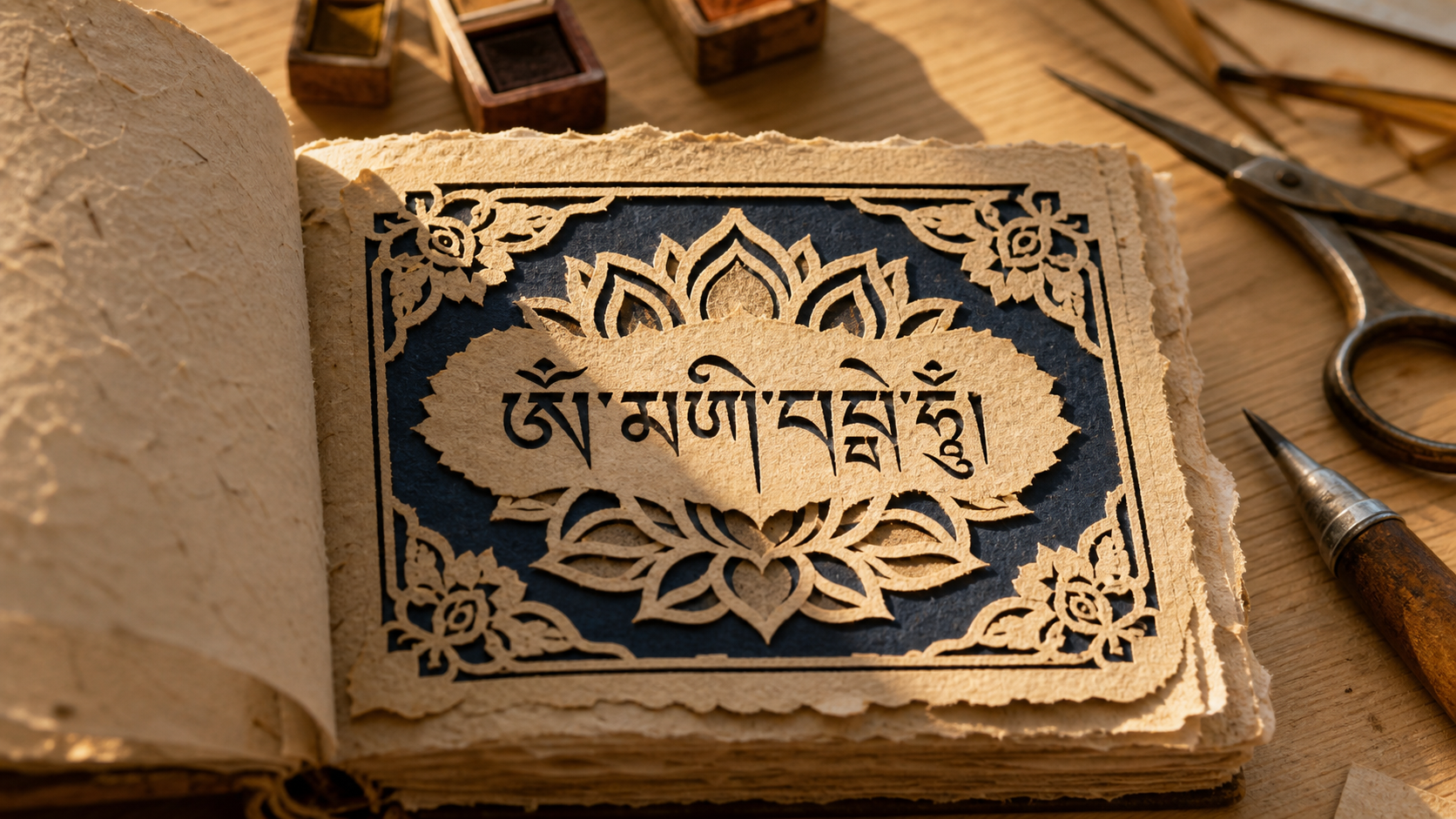 Tatouage om mani padme hum signification, calligraphie tibétaine sur papier lotus