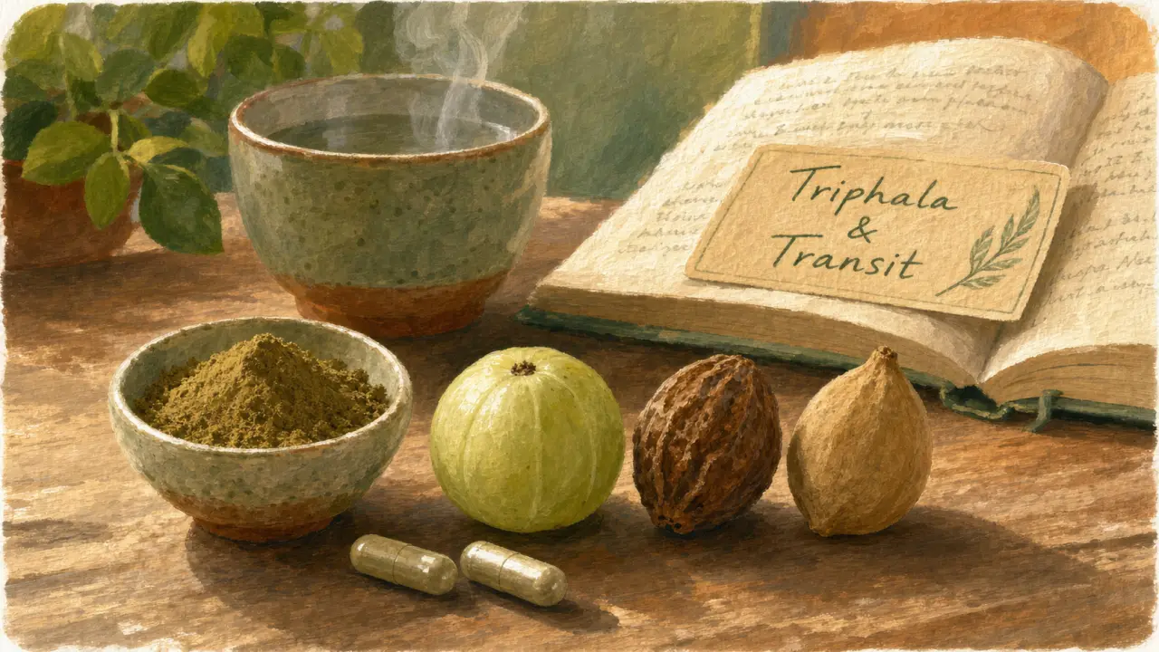 Triphala bienfaits : poudre et fruits pour digestion et transit intestinal