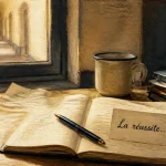 Citation réussite sur discipline et action, carnet et stylo.