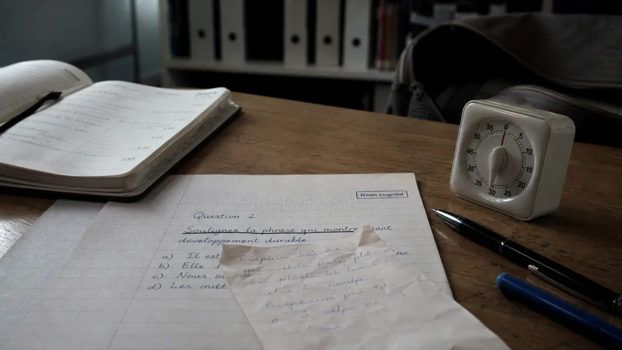 Photo bureau avec feuille et “Bilan cognitif” : dys exécutif, planification et mémoire de travail
