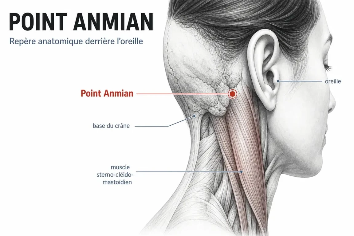 Point acupuncture sommeil profond Anmian derrière l’oreille, schéma anatomique éditorial