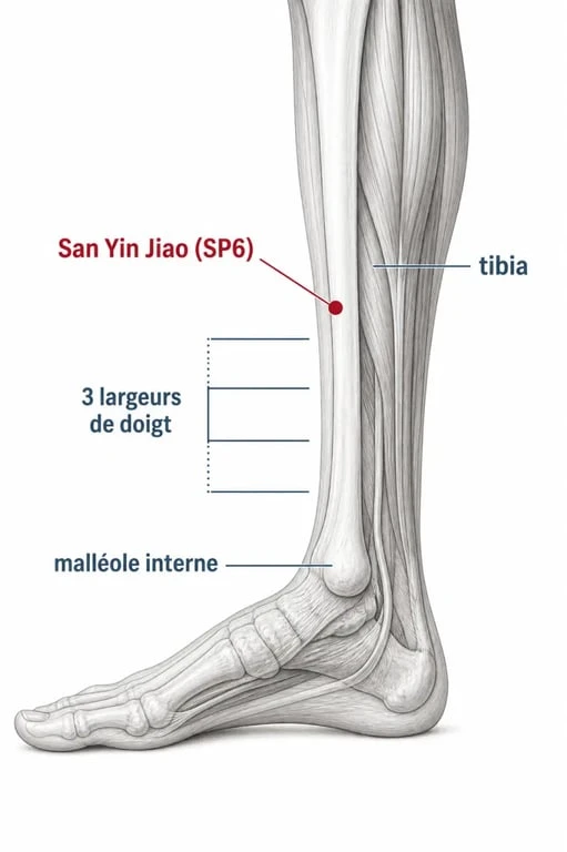 Point acupuncture sommeil profond San Yin Jiao sur la jambe interne, schéma anatomique éditorial