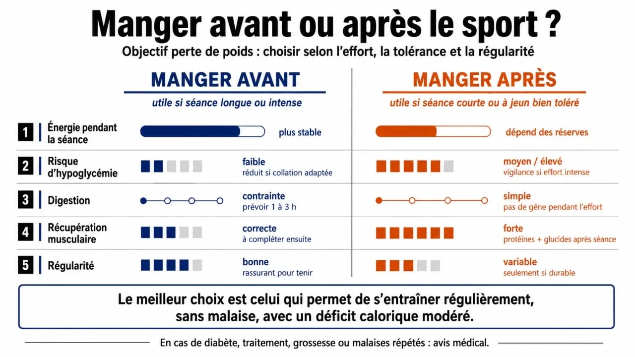 Perte de poids manger avant ou après le sport : comparatif visuel des avantages et limites