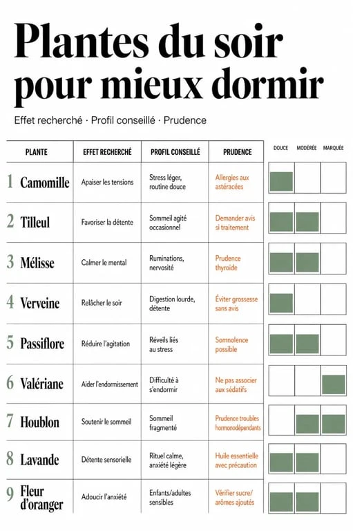 Tisane sommeil profond : visualisation comparative des plantes du soir pour mieux dormir