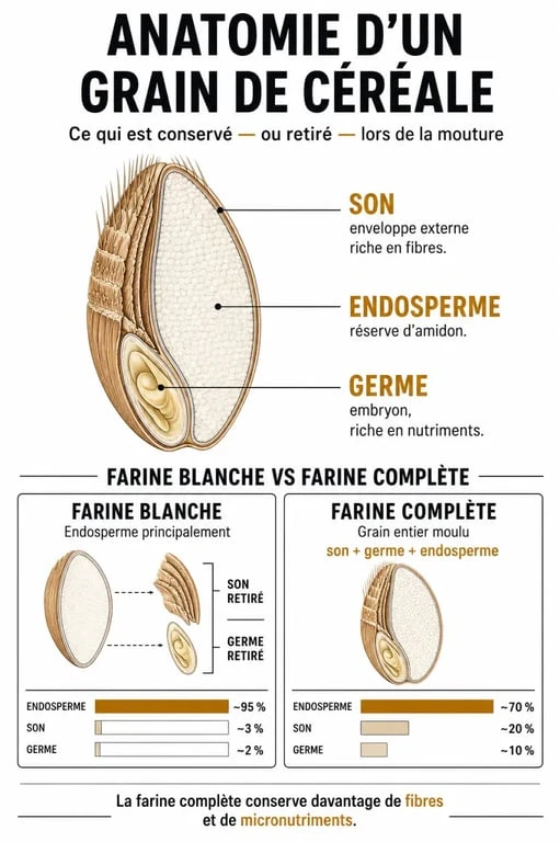 Quel pain manger : schéma du grain de céréale, du son et du raffinage