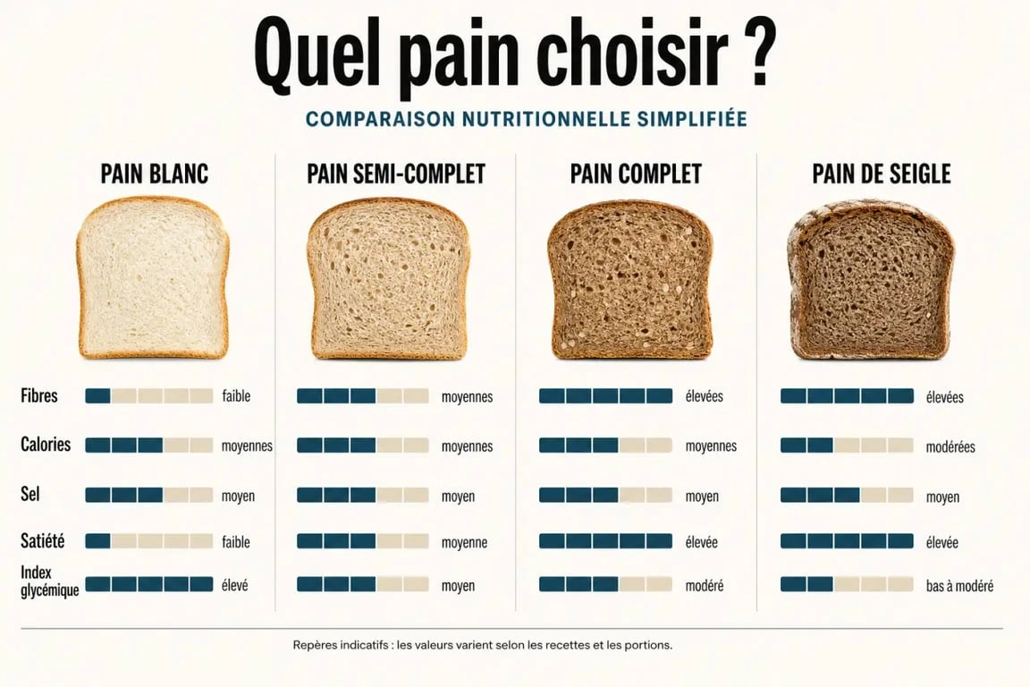 Quel pain manger : infographie comparative des pains blanc, semi-complet, complet et de seigle