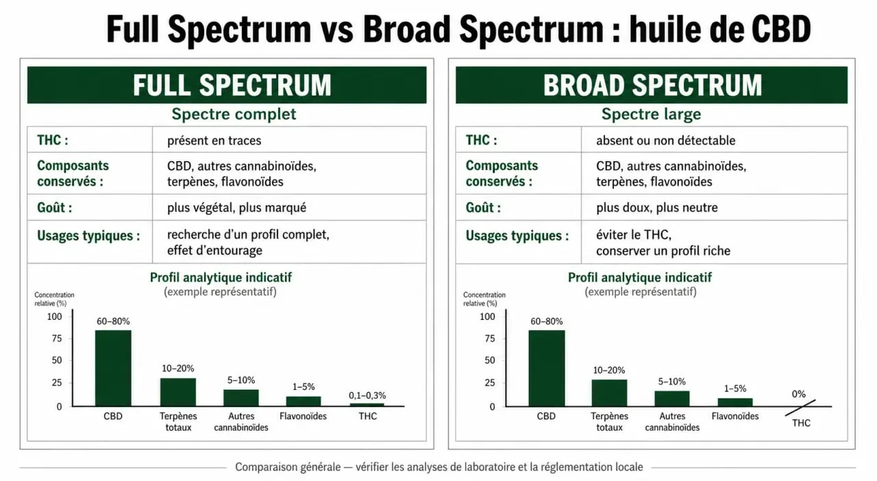 CBD 20 : comparaison Full Spectrum et Broad Spectrum pour choisir l’huile adaptée