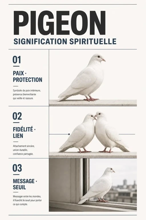 Pigeon signification spirituelle : synthèse visuelle des présages positifs, neutres et ambivalents selon la couleur, le comportement et le contexte.