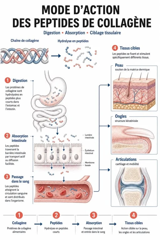Peptide de collagene avis : schéma du mode d’action des peptides de collagène sur la peau, les ongles et les articulations