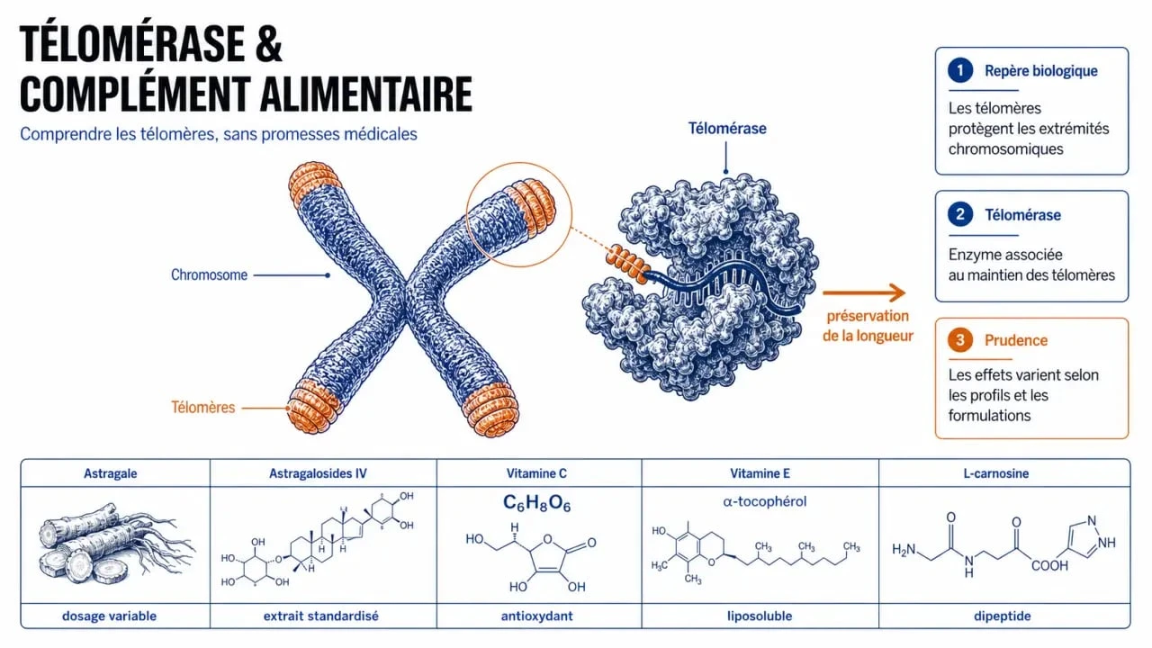 Illustration scientifique sur le complément alimentaire télomérase complément alimentaire, les télomères, l’astragale et les actifs anti-âge