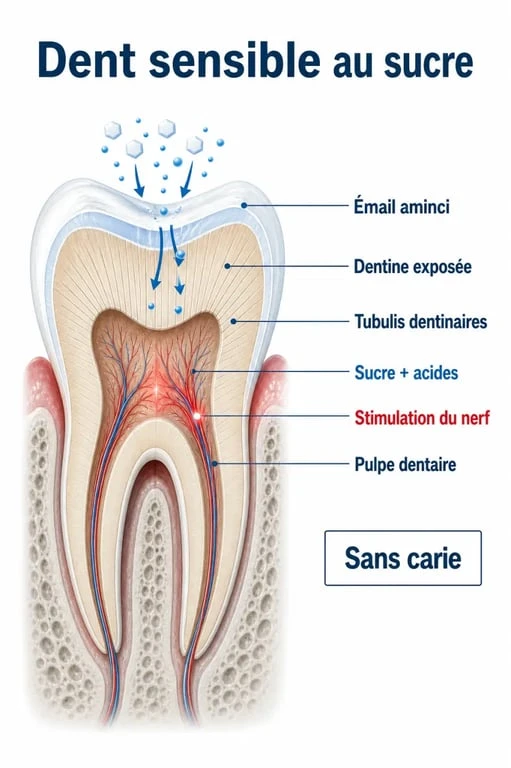 Dent sensible au sucre sans carie : schéma de l’émail, de la dentine et des tubulis dentinaires