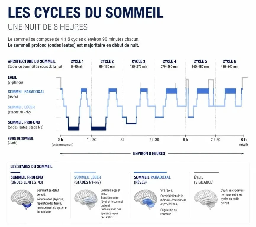Schéma des cycles du sommeil illustrant l'importance de l'absence de sommeil profond et son traitement