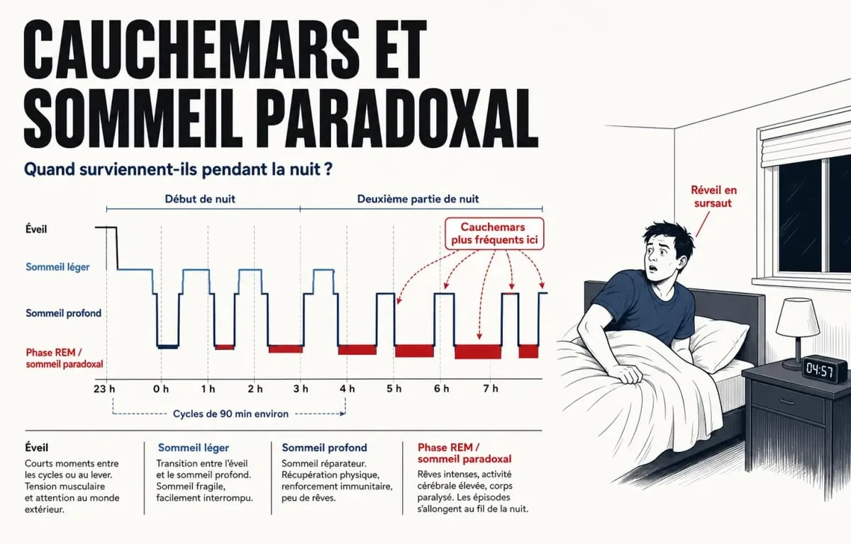 Comment arrêter de faire des cauchemars : schéma du sommeil paradoxal et du moment où les cauchemars surviennent