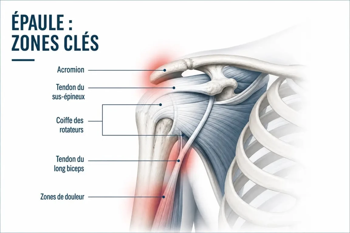Schéma de tendinite épaule ostéopathe montrant la coiffe des rotateurs et les tendons concernés