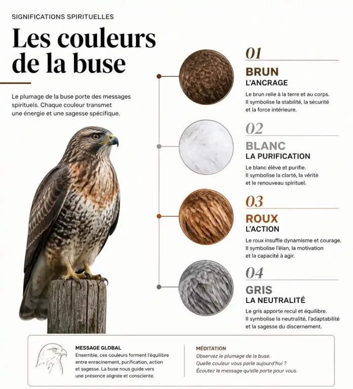 Infographie des significations spirituelles des couleurs de plumage de la buse