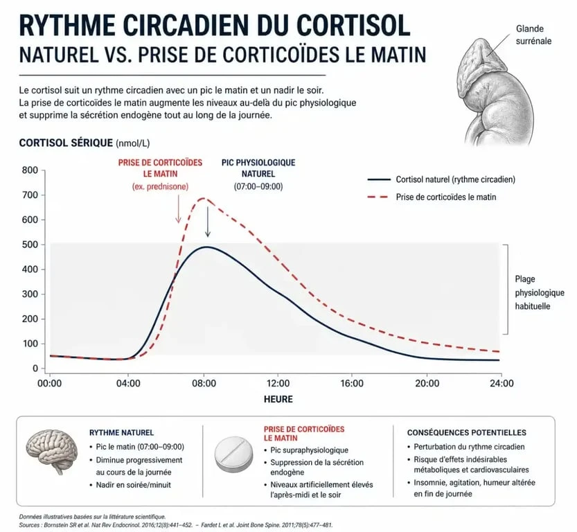 Infographie expliquant le rythme circadien du cortisol et l'impact de la prise de cortisone sur l'insomnie