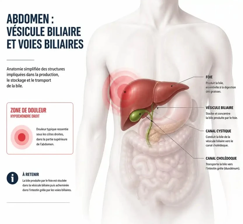 Schéma anatomique de la vésicule biliaire et zone de douleur pour vésicule malade symptôme