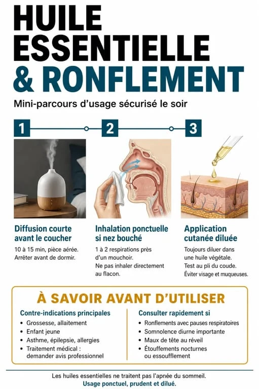 Huile essentielle ronflement : modes d’utilisation simples et précautions de sécurité avant le coucher