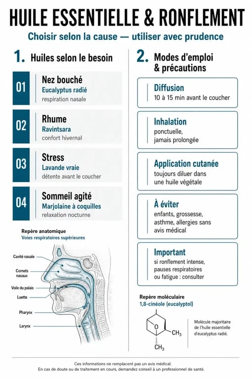 Huile essentielle ronflement : tableau visuel des huiles adaptées selon le nez bouché, le stress et les précautions d’emploi