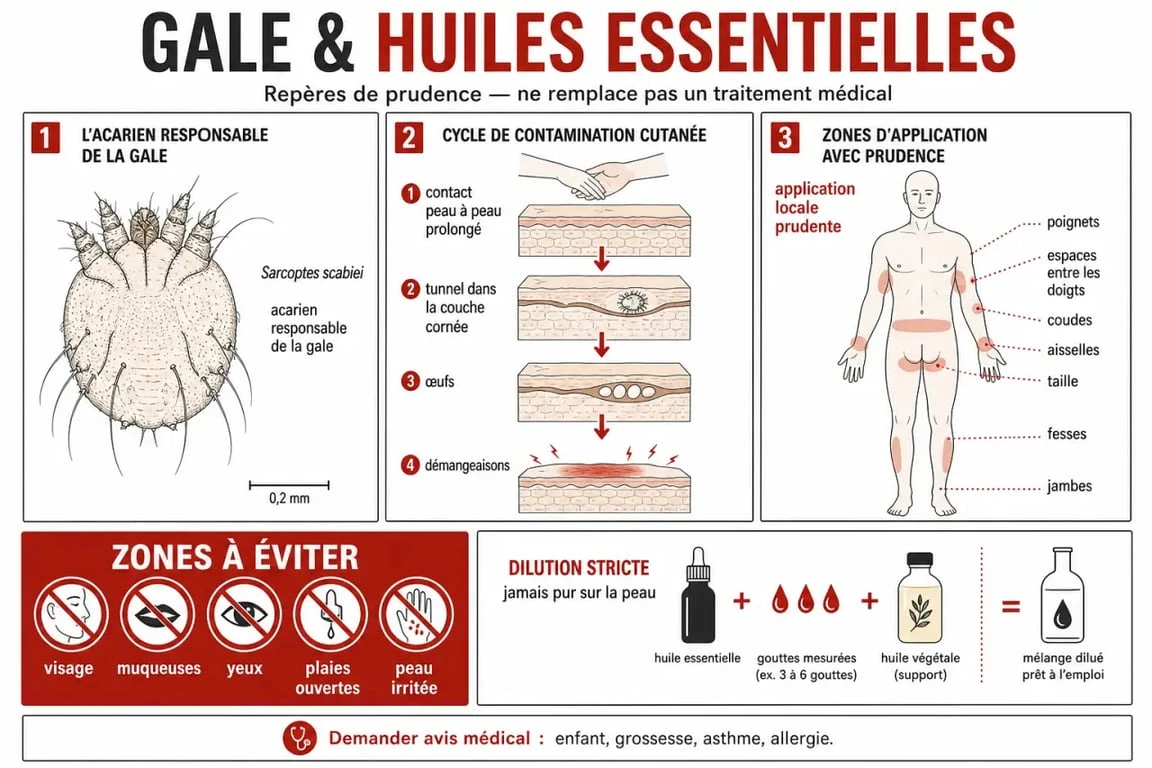 Huile essentielle gale : schéma des zones d'application sûre et du cycle de Sarcoptes scabiei
