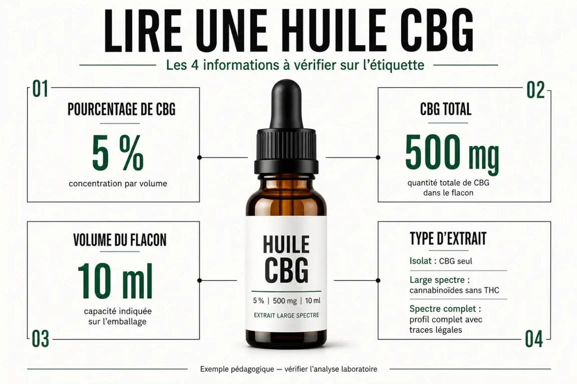 Infographie sur l’huile cbg montrant la concentration en mg, le volume du flacon et les types d’extrait