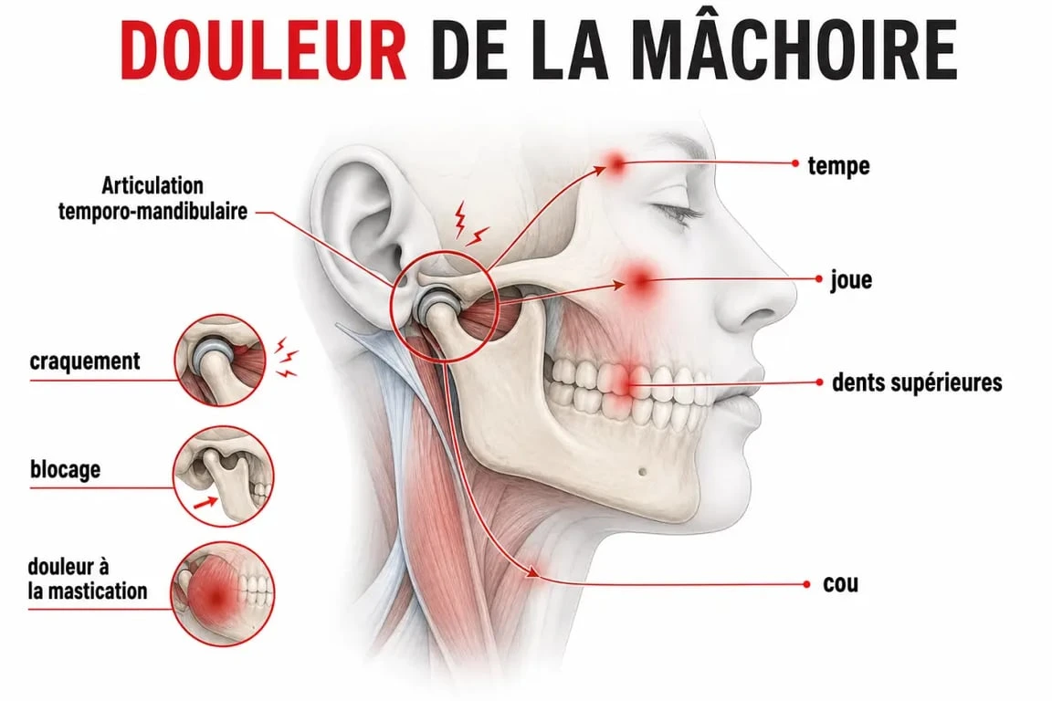 Schéma de la mâchoire douloureuse montrant l’ATM, les zones de douleur irradiée et les signes associés
