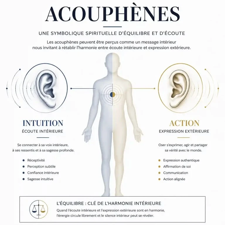 Infographie sur la signification spirituelle des acouphènes selon l'oreille gauche et droite