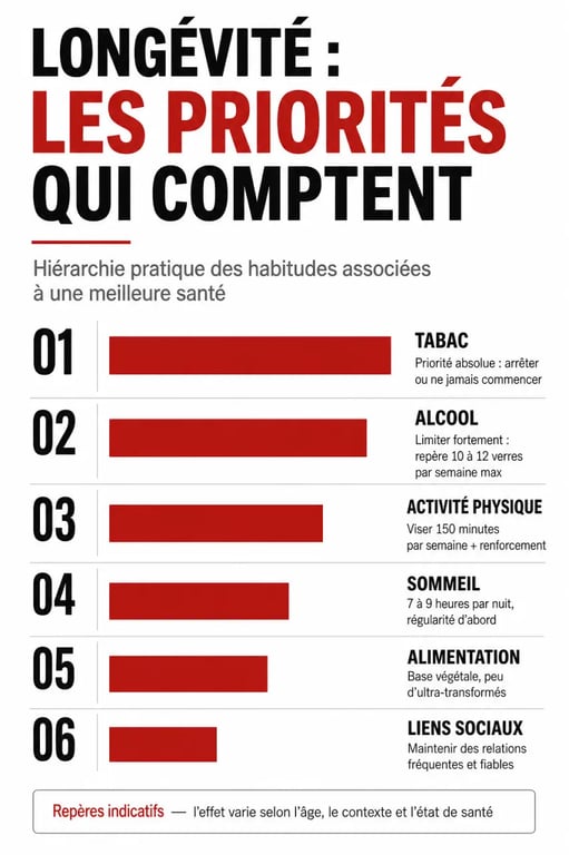 Optimiser son hygiène de vie pour favoriser la longévité : infographie des priorités santé avec tabac, alcool, activité physique, sommeil et liens sociaux