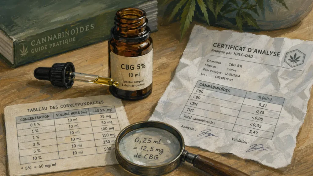 Huile CBG : concentration, spectre et dosage pour choisir sans confusion avec le CBD
