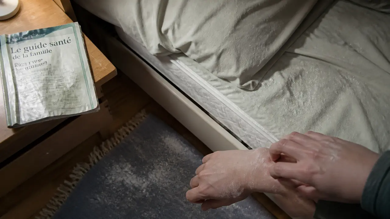 Piqûre acarien : démangeaison sur poignet, drap froissé au lit
