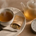 Tisane sommeil profond valériane passiflore mélisse, infusion en tasse ambrée