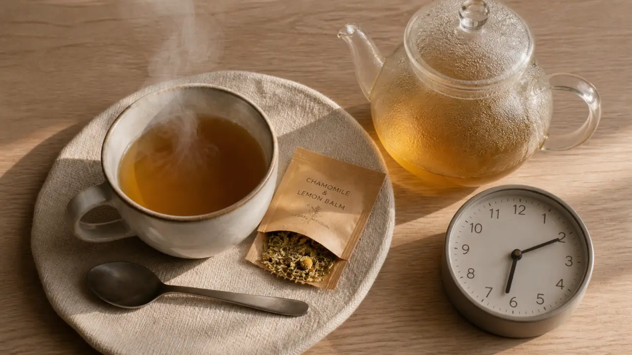 Tisane sommeil profond valériane passiflore mélisse, infusion en tasse ambrée