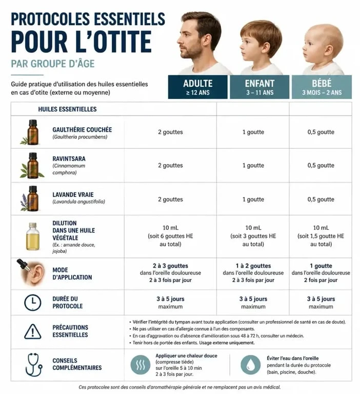 Tableau récapitulatif des protocoles d'huiles essentielles pour otite par profil utilisateur