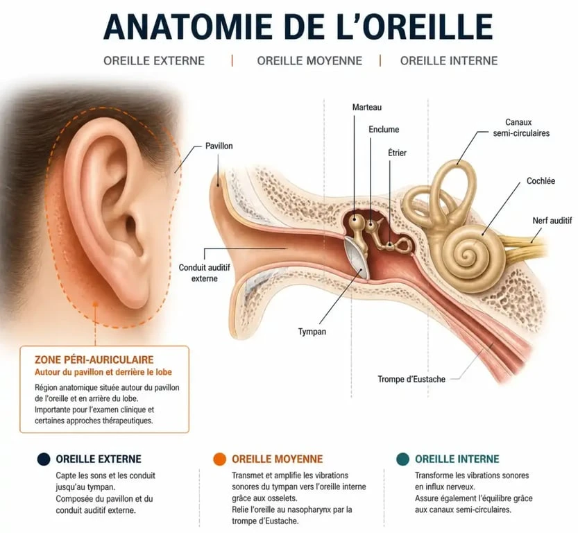 Schéma anatomique de l'oreille montrant la zone péri-auriculaire pour l'application sécurisée d'huiles essentielles contre l'otite