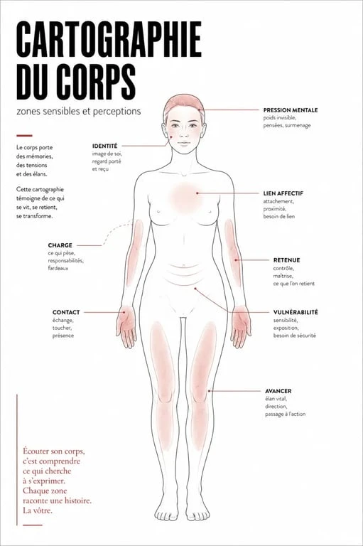 Zone eczéma signification spirituelle : schéma visuel des zones du corps et de leur lecture symbolique