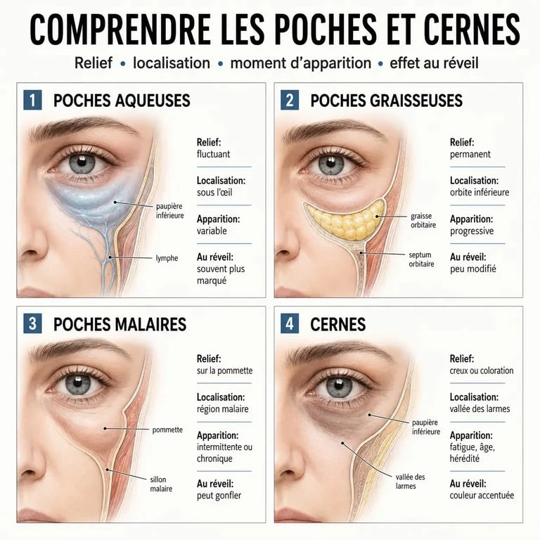 Comment enlever les poches sous les yeux : comparaison des poches aqueuses, graisseuses, malaires et des cernes