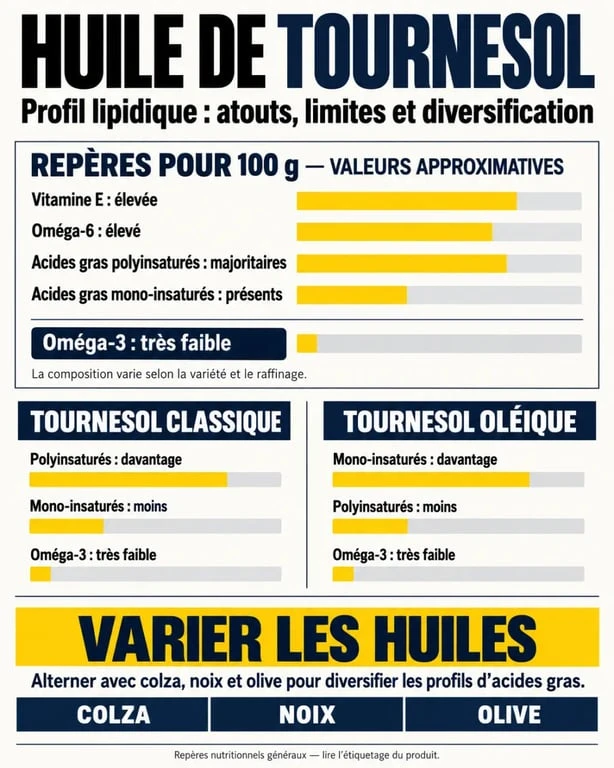 Infographie sur les bienfaits et limites de l’huile de tournesol, sa vitamine E et ses oméga 6