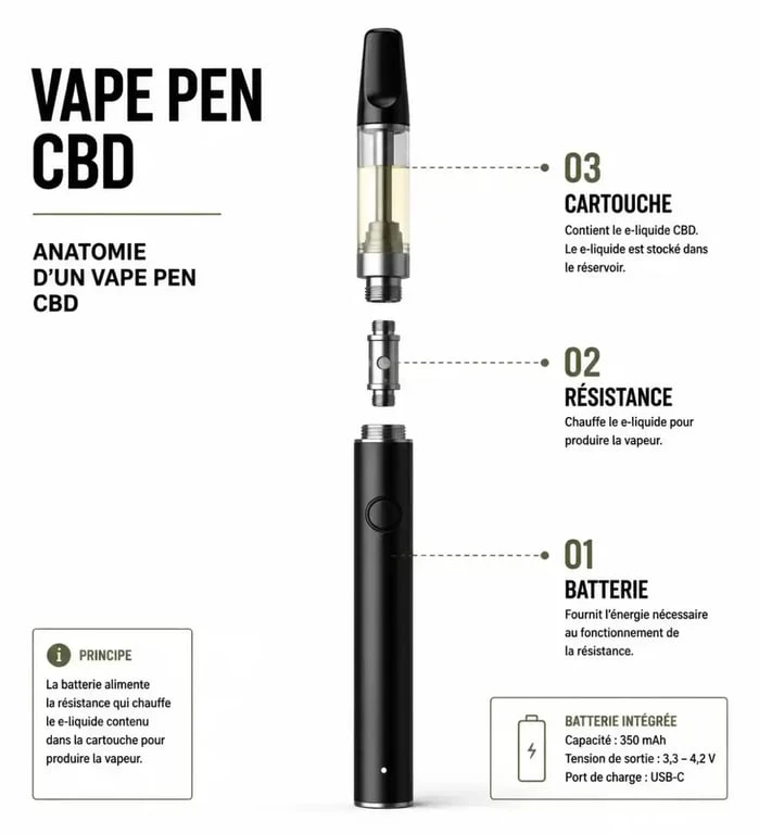 Schéma explicatif du fonctionnement d'un vape pen cbd