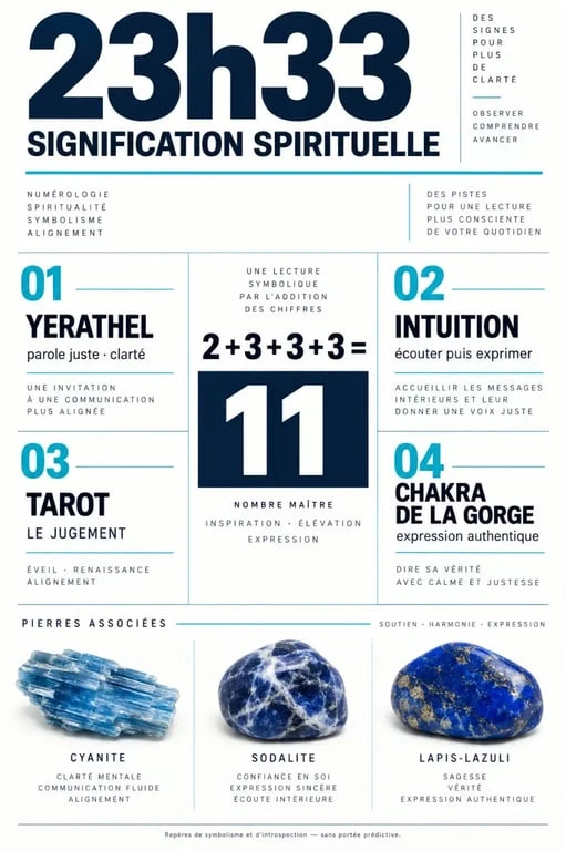 23h33 signification spirituelle : correspondances entre Yerathel, le nombre 11, le tarot, le chakra de la gorge et les pierres