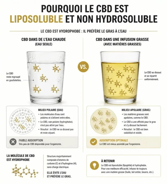 Infusion CBD liposoluble expliquée par un schéma comparant eau et corps gras