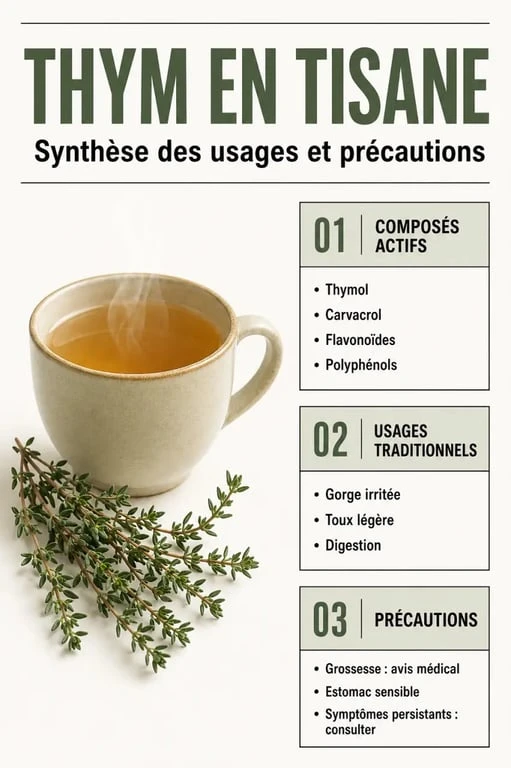 Bienfait du thym en tisane : synthèse des composés actifs, usages respiratoires et précautions